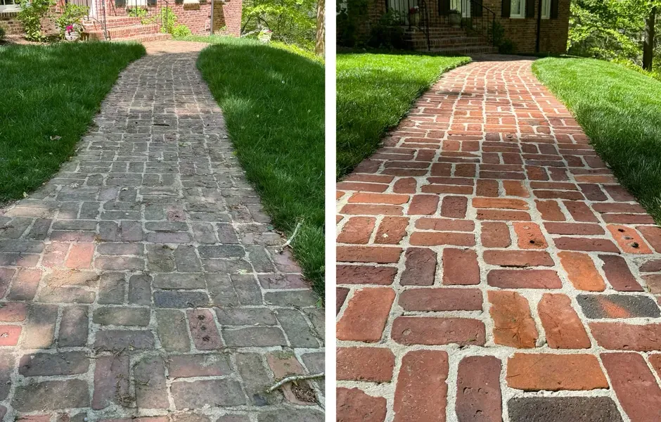 Brick walkway half pressure washed, showing the before and after on a paid residential job