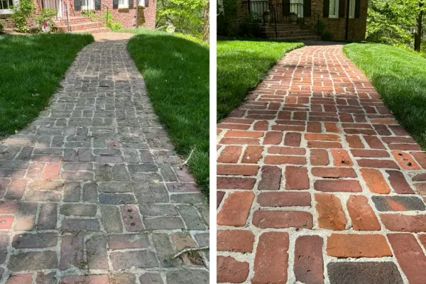Brick walkway half pressure washed, showing the before and after on a paid residential job