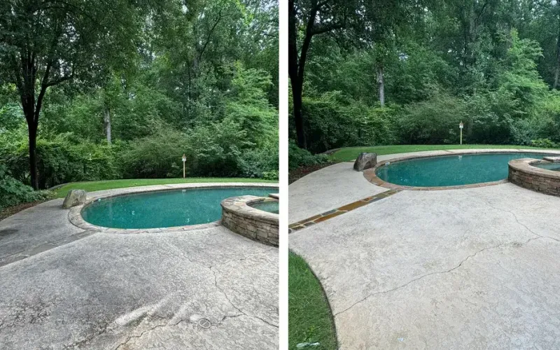 Pool deck half pressure washed, showing the before and after on a paid job