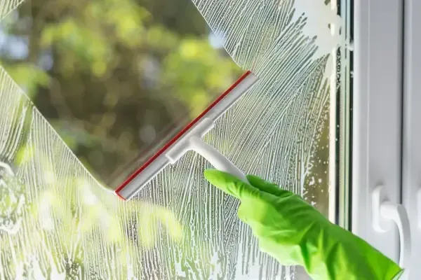 Squeegee pulling a clean stripe down a soapy residential window